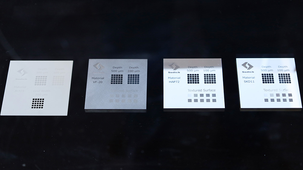 Sodick showed sample workpieces machined with the LSP4040 femtosecond laser machine. 