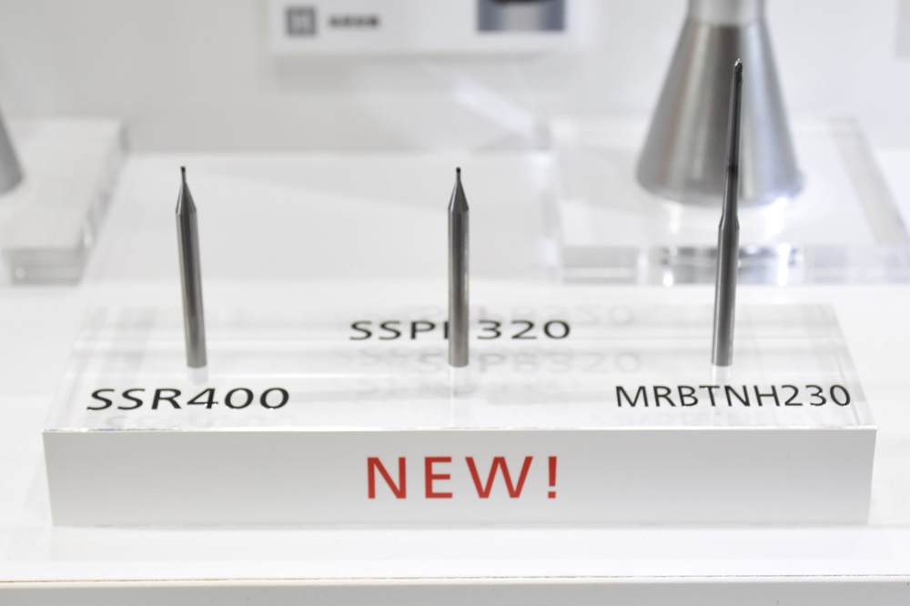NS TOOL presented new products including the SSR400 CBN 4-Flute Long Neck Corner Radius End Mill (left). 