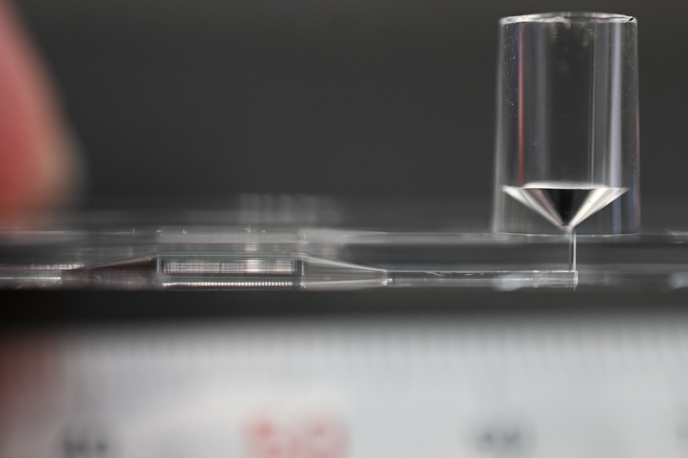 Side view of the complex channel structure. Left: sloped microchannel; Right: hole with 300 μm diameter. 