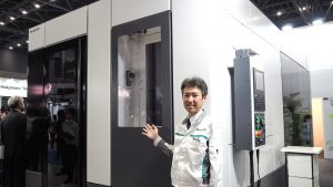 Sugino Machine President Gaku Sugino promoting the new product
